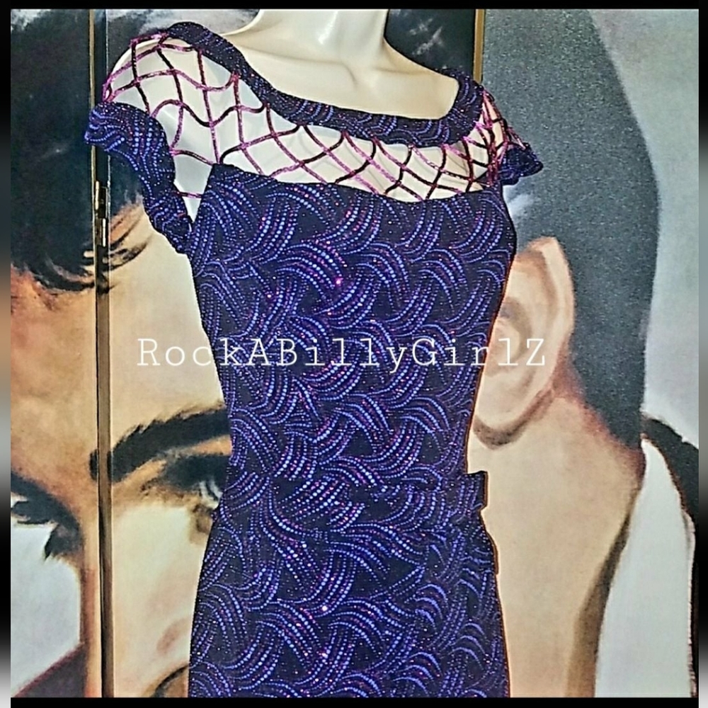 Tempest Storm Seduction Purple Beaded Pencil Gown Caged Neck w Empire Waist Bow - Picture 4 of 13